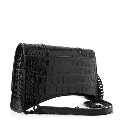 Balenciaga Shiny Calfskin Monochrome Crocodile Embossed Small Hourglass Evening Chain Bag Black 3 of 11