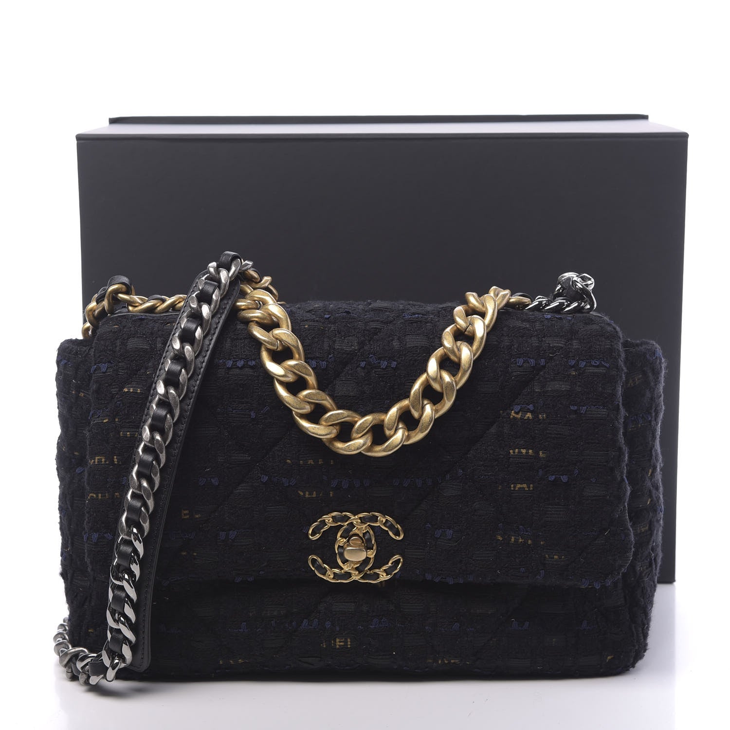 Chanel Tweed Quilted Large Chanel 19 Flap Black Navy Gold 11 of 11