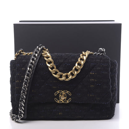 Chanel Tweed Quilted Large Chanel 19 Flap Black Navy Gold 11 of 11