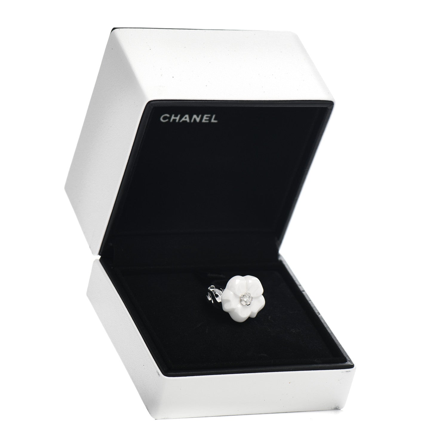 Chanel 18K White Gold Diamond Ceramic Camellia Ring 47 4 5 of 5