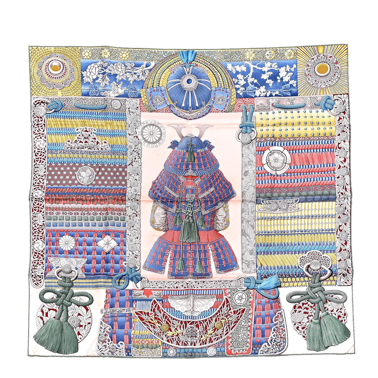 Silk Parures de Samourais Scarf 90 Rose Poudre Kaki Blue Jean