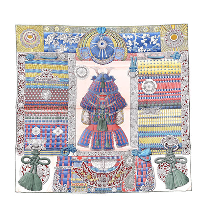 Hermes Silk Parures de Samourais Scarf 90 Rose Poudre Kaki Blue Jean 1 of 5