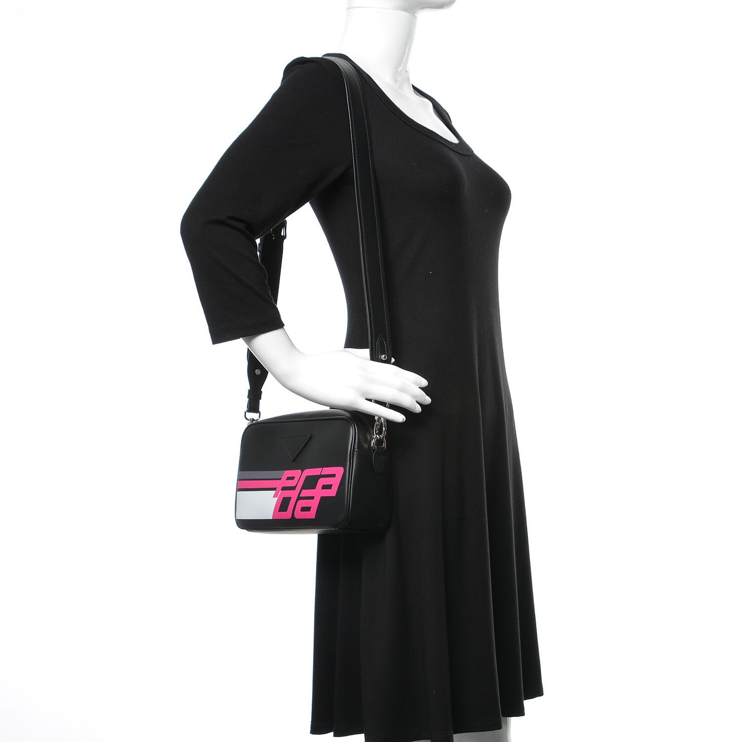 City Calfskin Racing Logo Camera Bag Black Fuxia