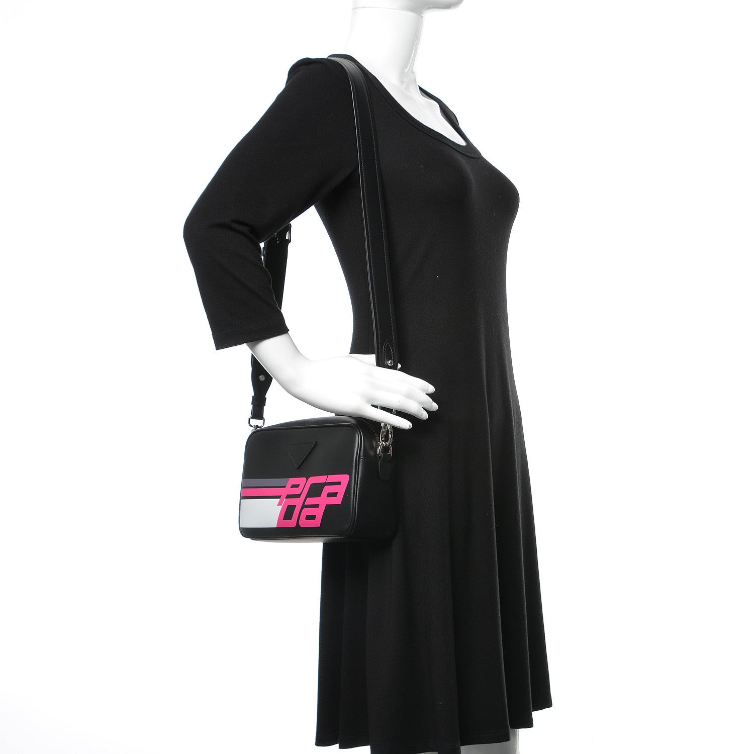 Prada City Calfskin Racing Logo Camera Bag Black Fuxia 2 of 9