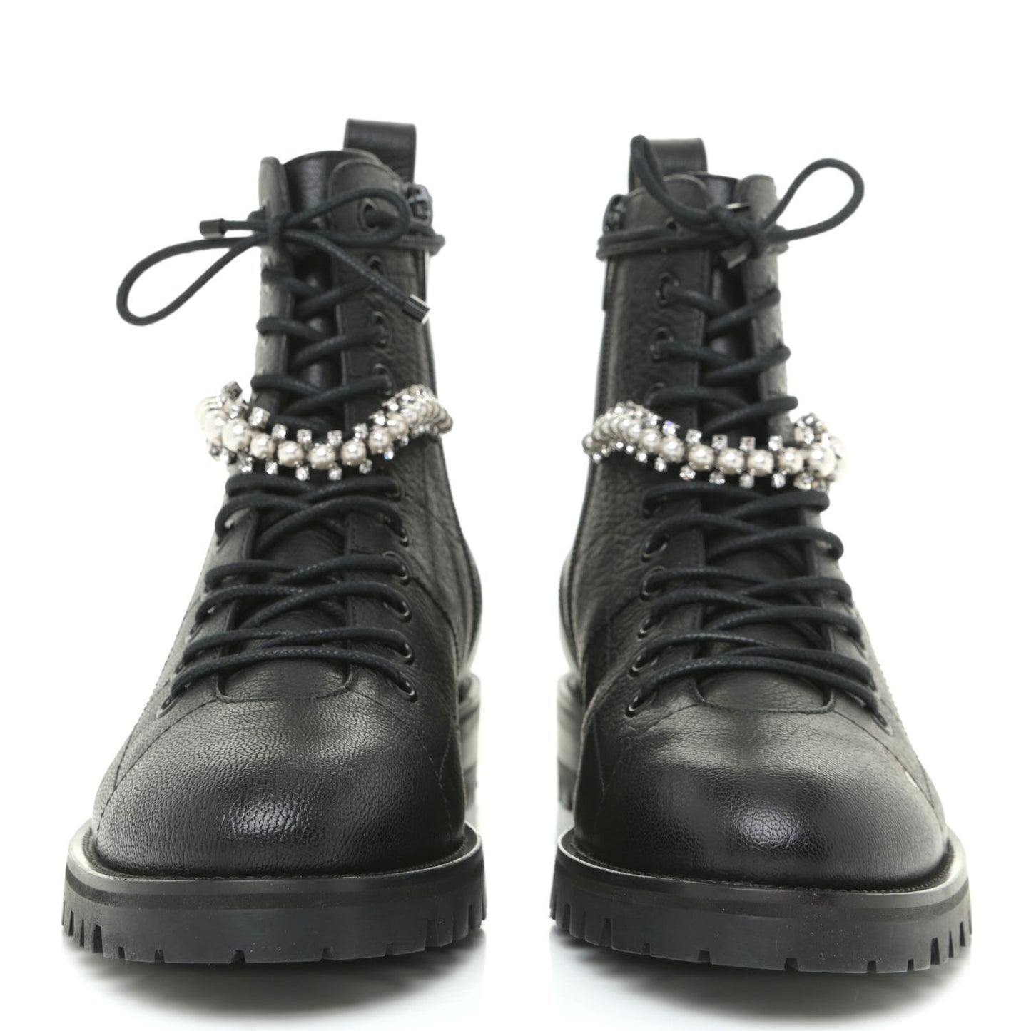 Grained Goatskin Pearl Crystal Embellished Cruz Combat Boots 36 Grey