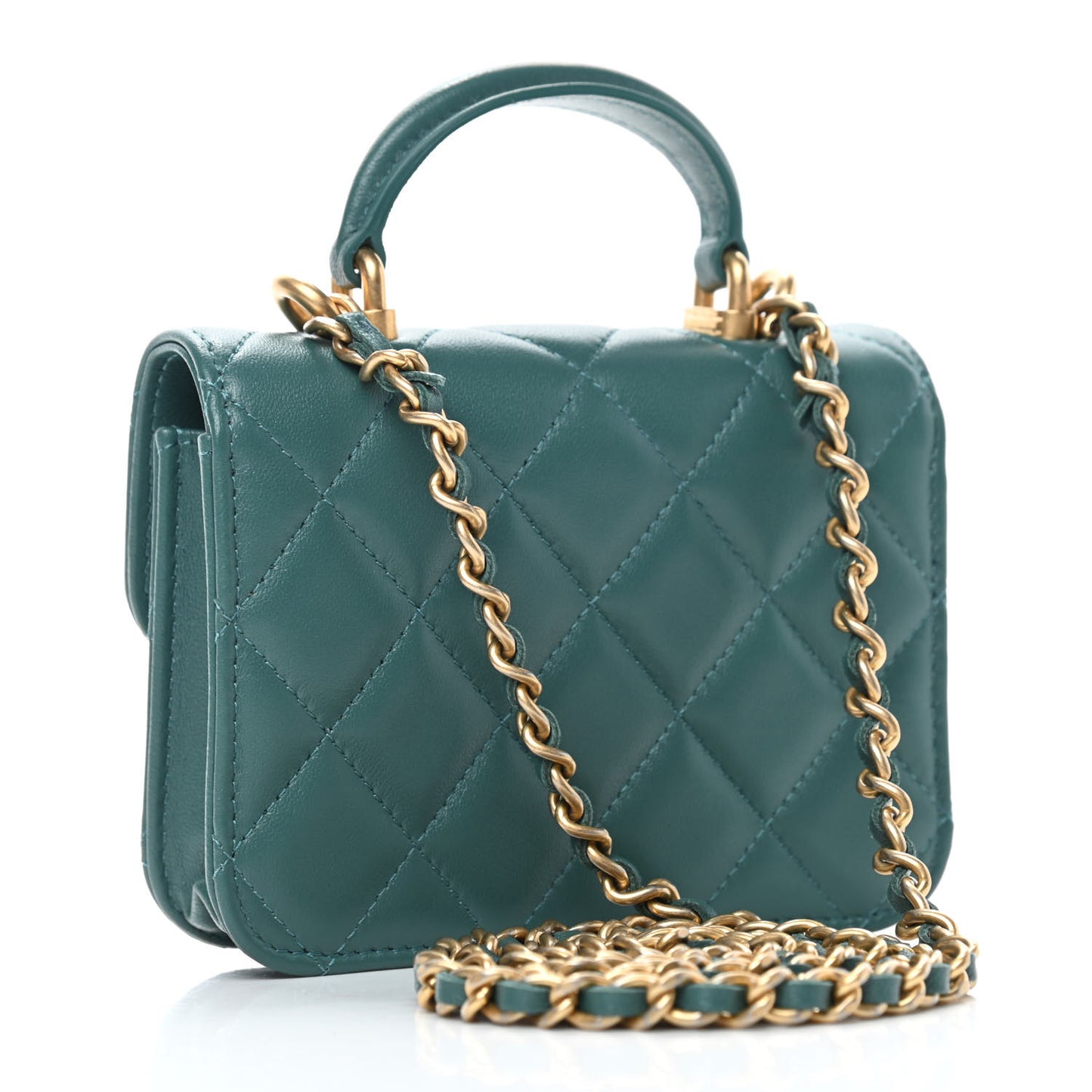 Lambskin Quilted Top Handle Flap Coin Purse With Chain Green