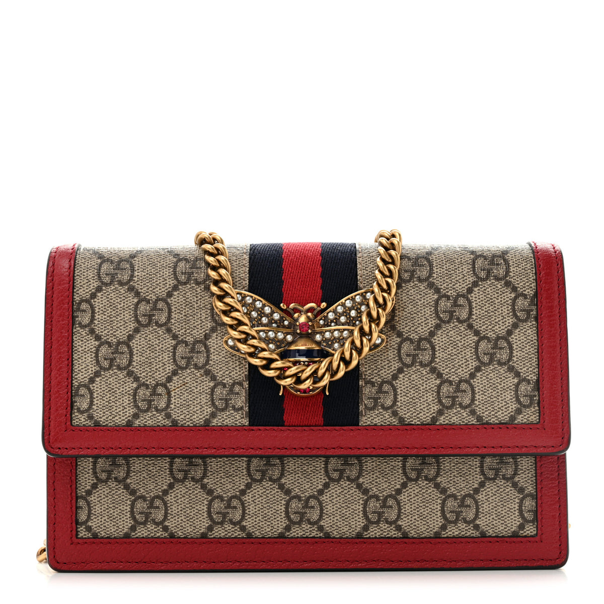 Gucci GG Supreme Monogram Web Queen Margaret Chain Wallet Red 1 of 14