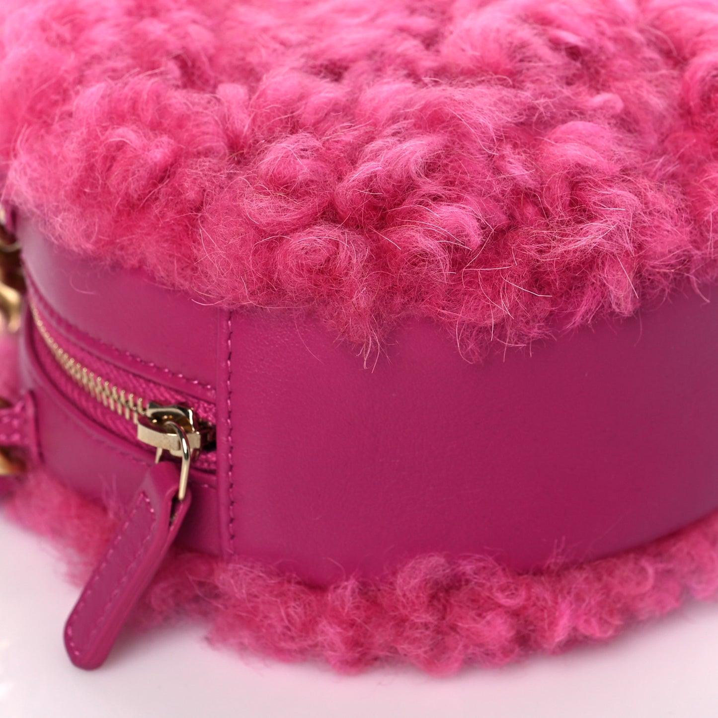 Shearling Sheepskin Chanel 19 Round Clutch With Chain Dark Pink