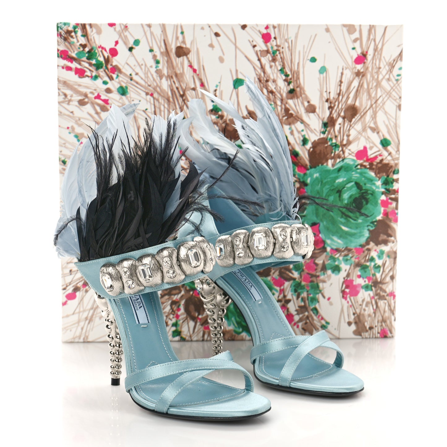 Satin Feather Crystal 110mm Sandals 37 Curacao Argento