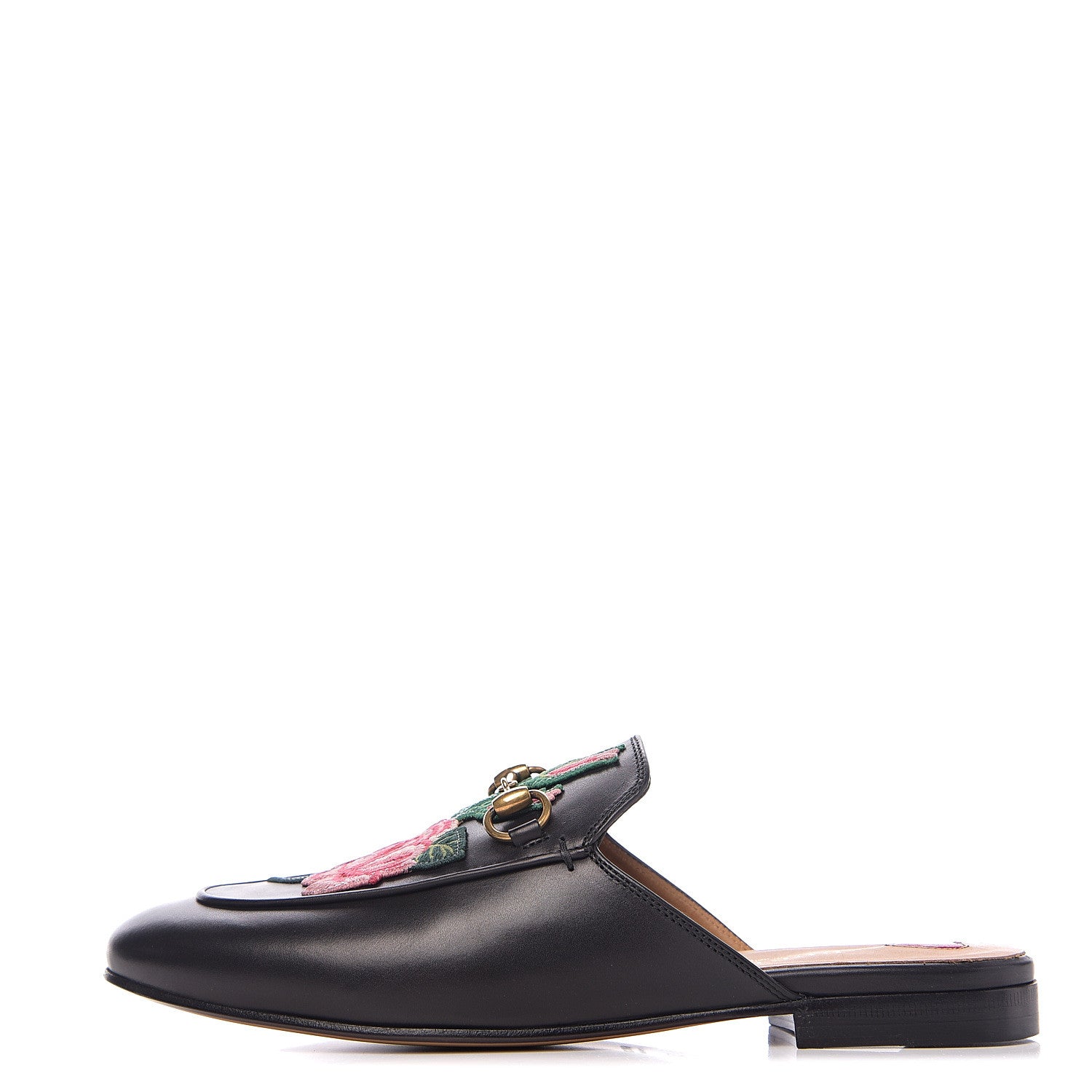 Gucci Calfskin Flower Embroidered Womens Princetown Slippers 37.5 Black 1 of 9