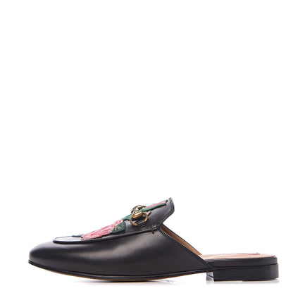 Gucci Calfskin Flower Embroidered Womens Princetown Slippers 37.5 Black 1 of 9
