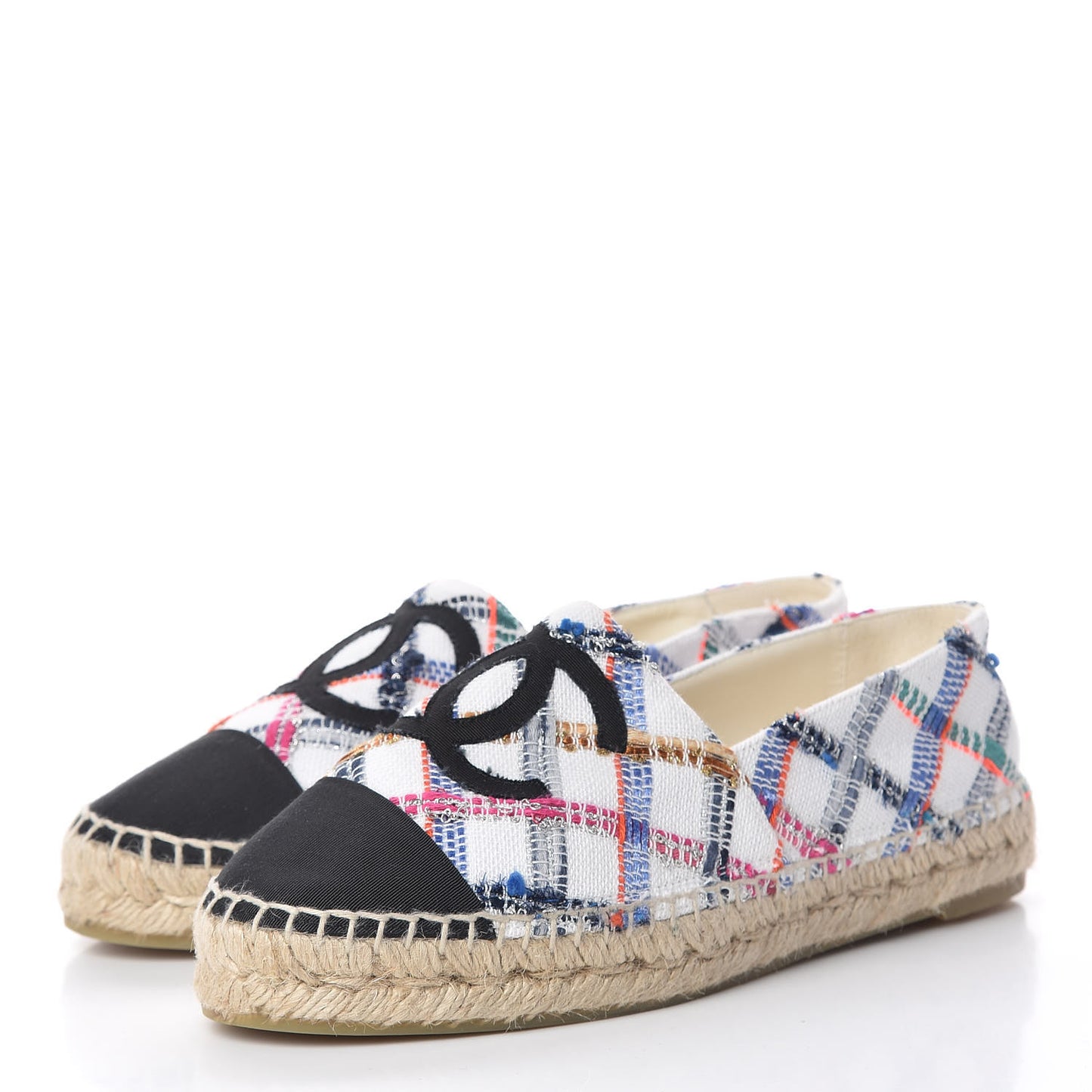 Tweed Grosgrain CC Espadrilles 38 White Blue Pink Green Black