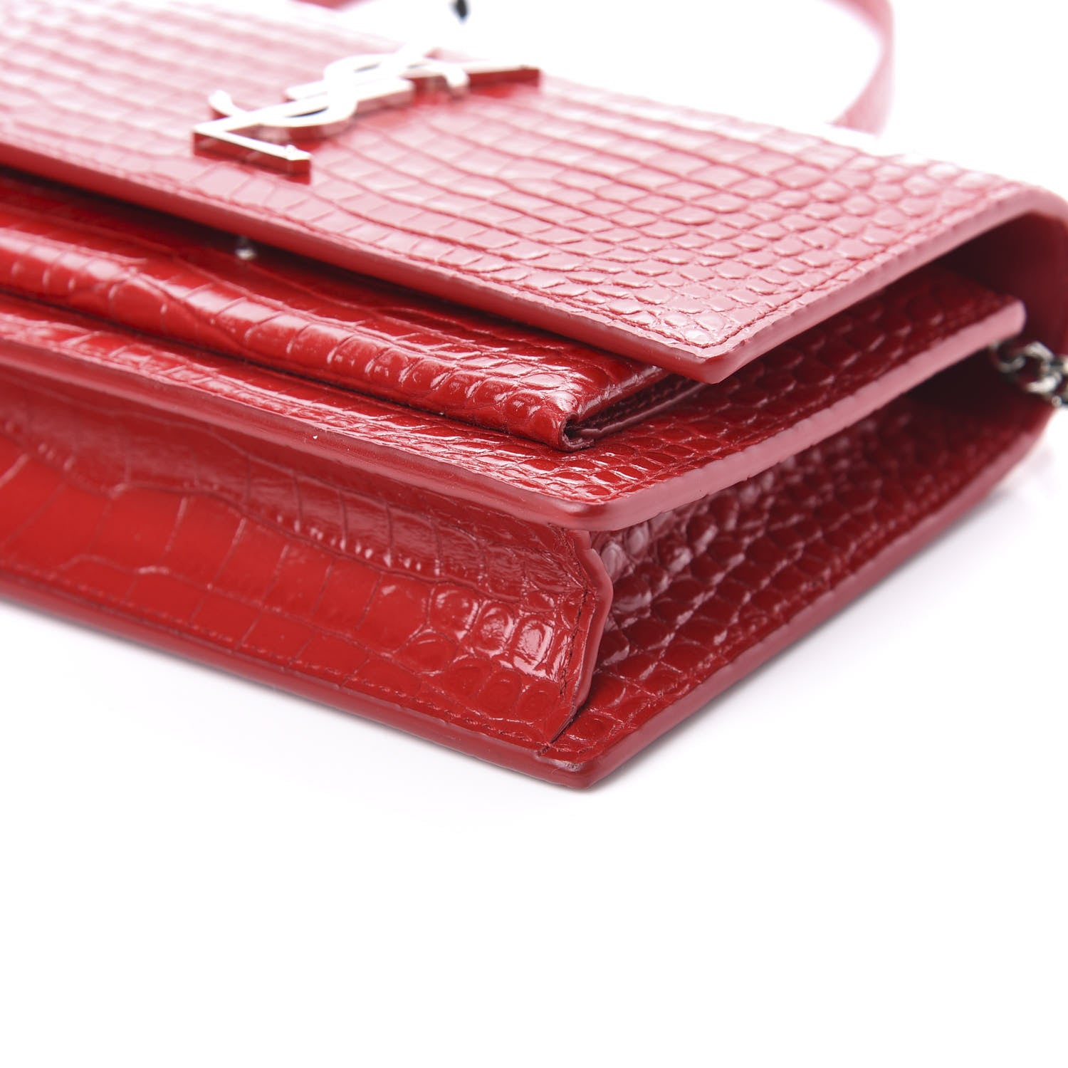 Saint Laurent Calfskin Crocodile Embossed Monogram Sunset Chain Wallet Rouge Eros 8 of 9