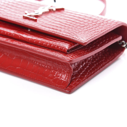 Saint Laurent Calfskin Crocodile Embossed Monogram Sunset Chain Wallet Rouge Eros 8 of 9