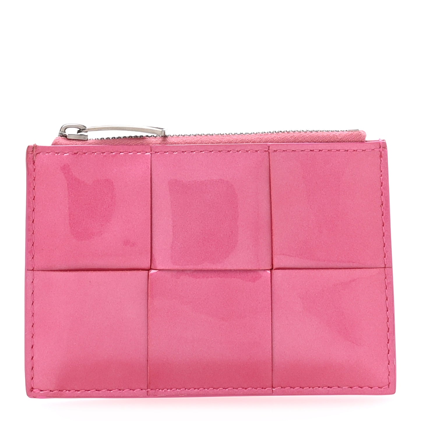 Metallic Patent Calfskin Intrecciato Cassette Zipped Card Case Pink