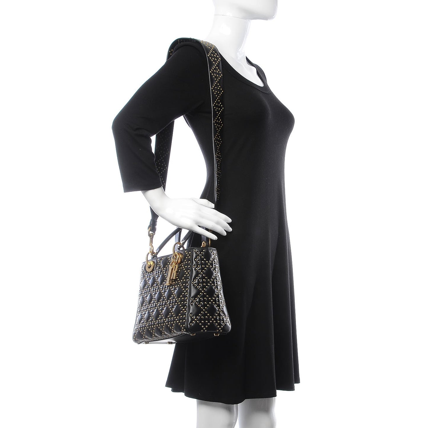 Calfskin Cannage Studded Medium Supple Lady Dior Black