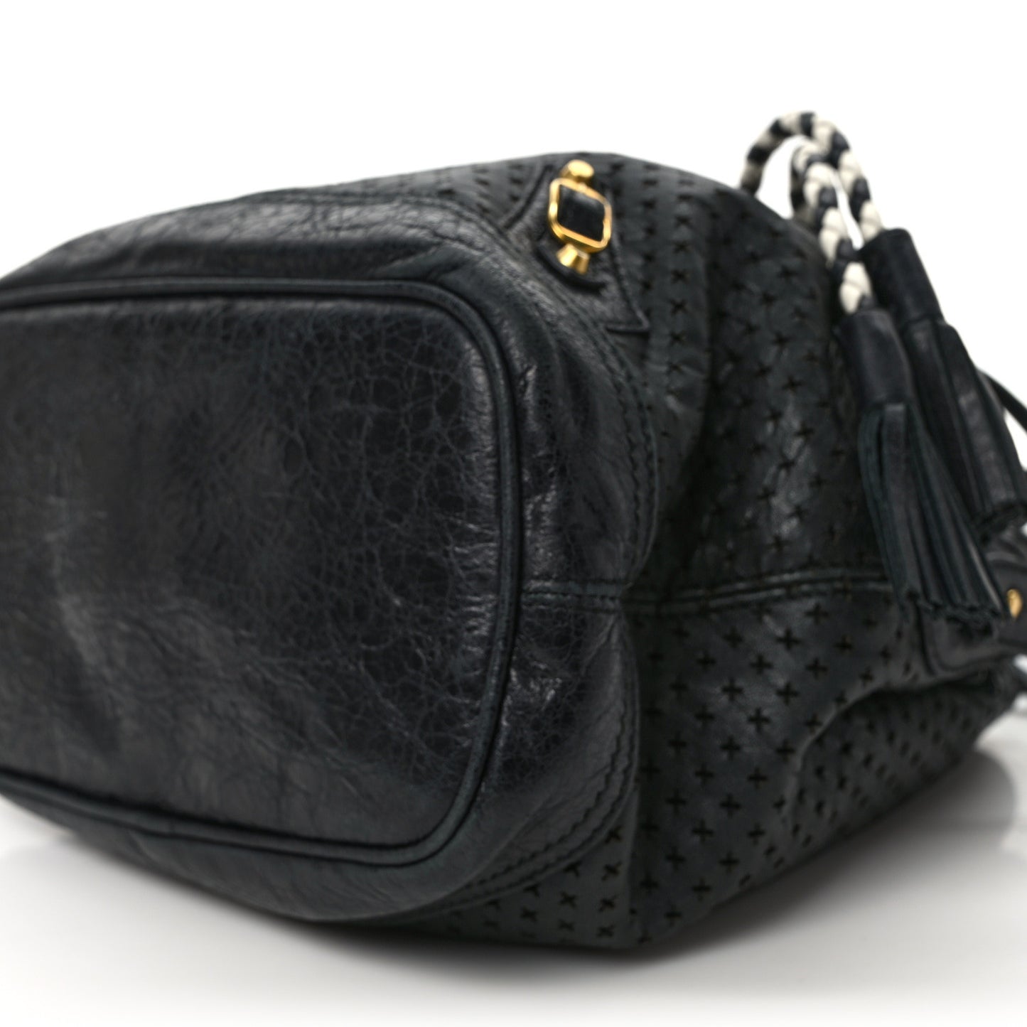 Agneau Classic Gold Hardware Perforated Cross Mini Pampille Black