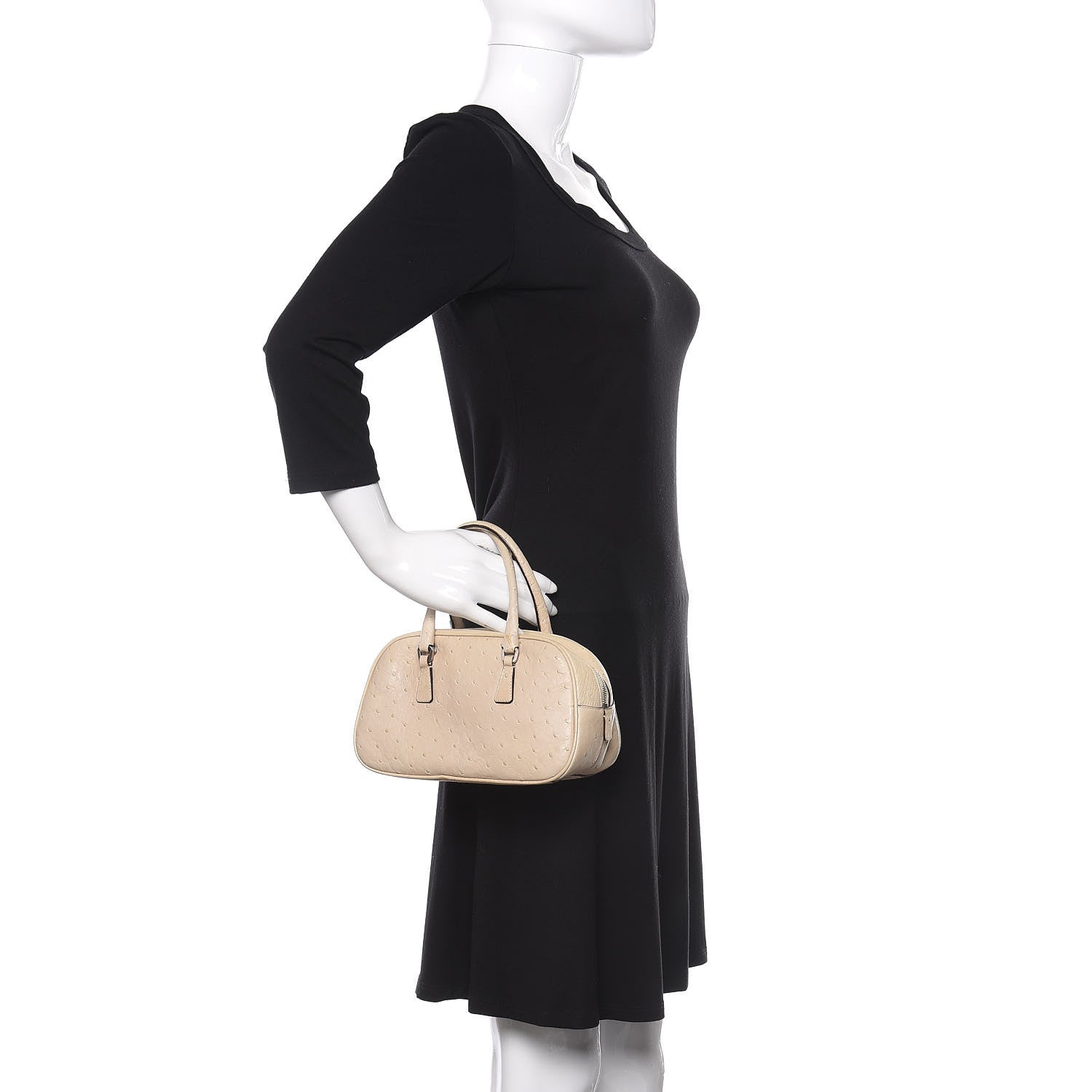 Prada Ostrich Mini Bowling Bag Beige 2 of 13