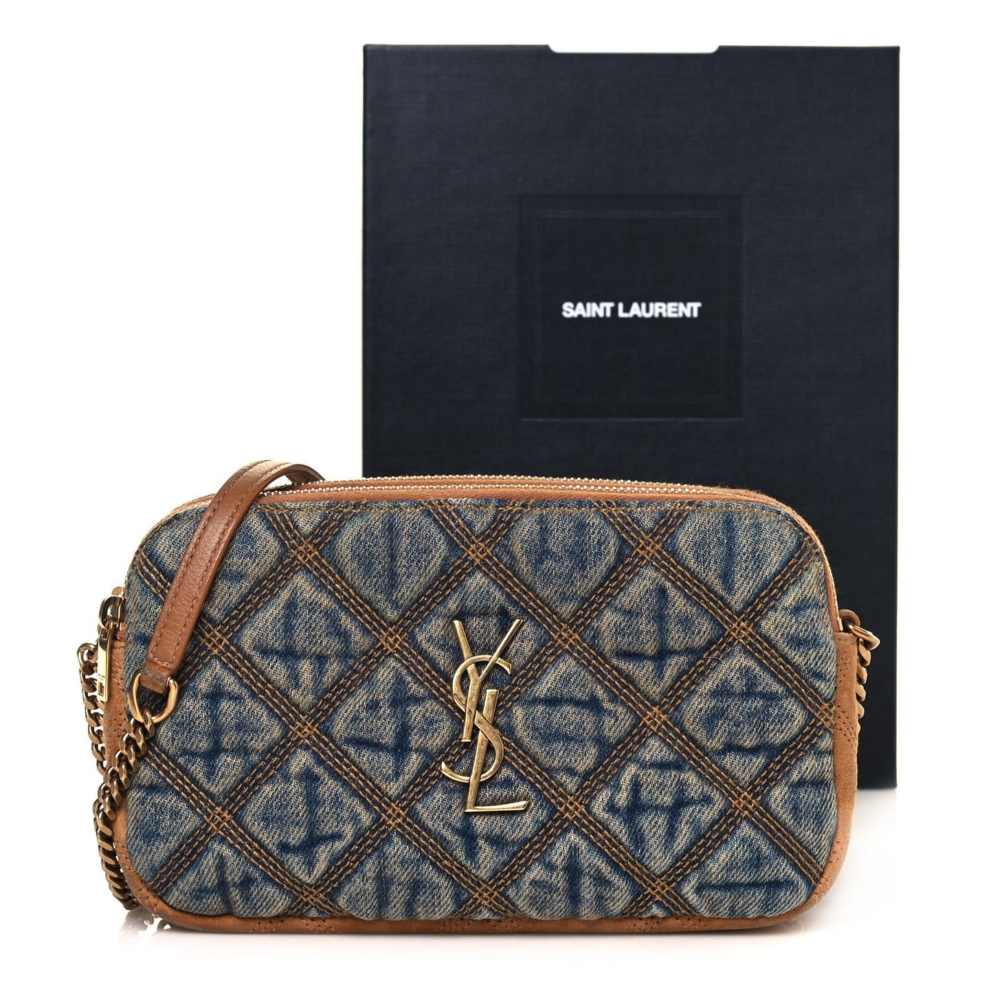 Suede Denim Quilted Mini Becky Double Zip Bag Blue Cinnamon