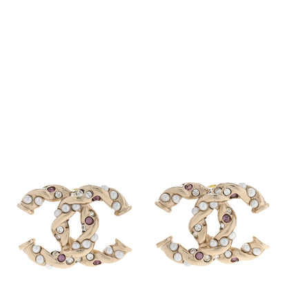 Chanel Metal Pearl Crystal Twisted CC Earrings Light Gold White Pink 1 of 4