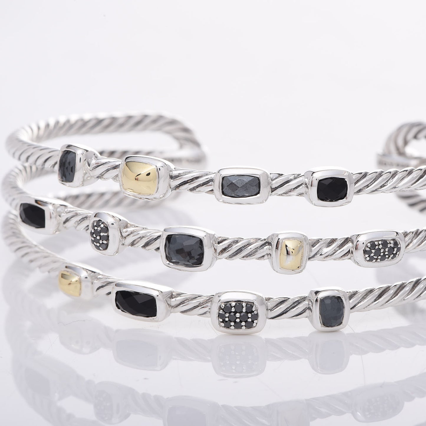 Sterling Silver 18K Yellow Gold Black Diamond Hematite Black Onyx Three Row Confetti Cuff Bracelet