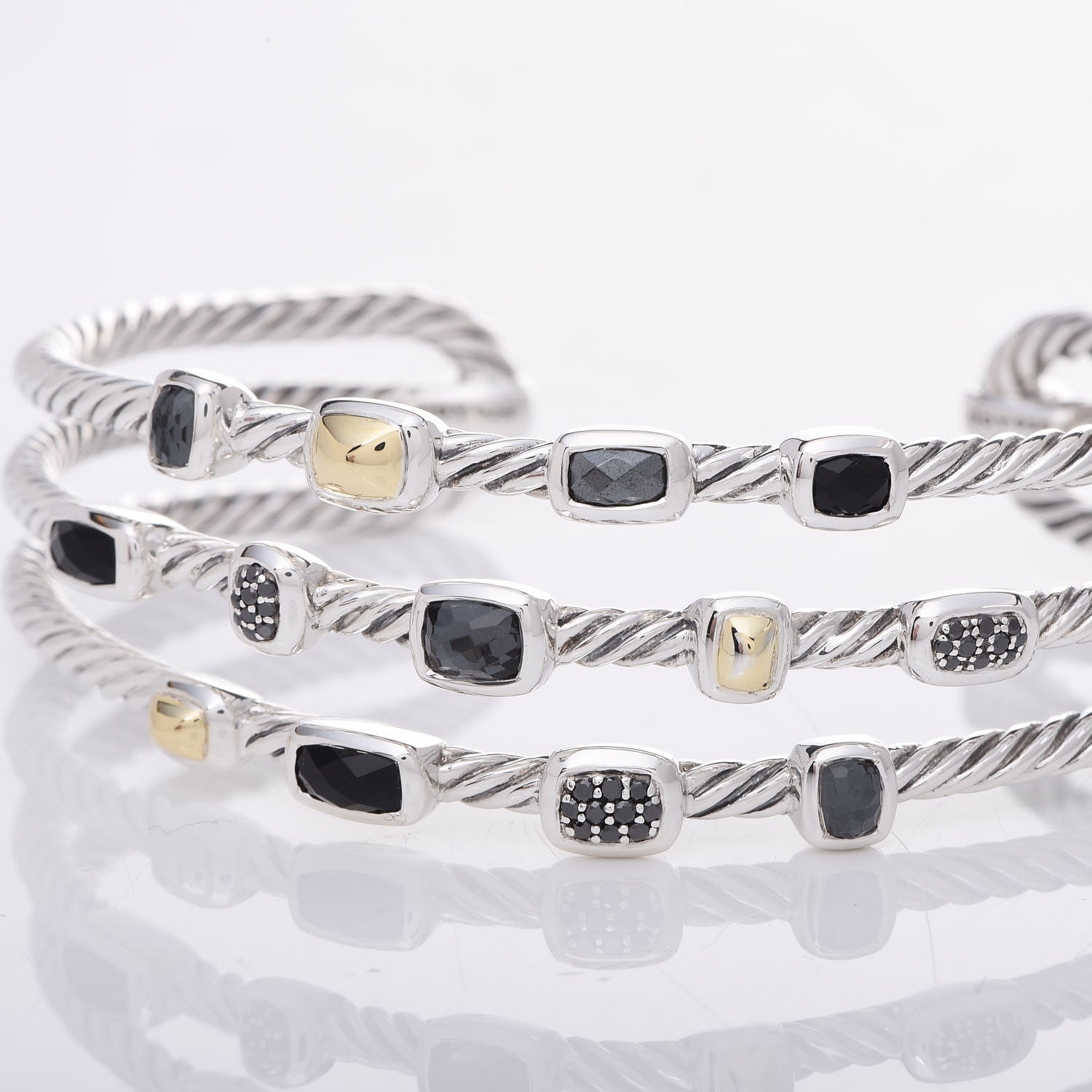David Yurman Sterling Silver 18K Yellow Gold Black Diamond Hematite Black Onyx Three Row Confetti Cuff Bracelet 6 of 6