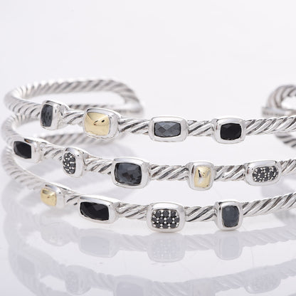 David Yurman Sterling Silver 18K Yellow Gold Black Diamond Hematite Black Onyx Three Row Confetti Cuff Bracelet 6 of 6