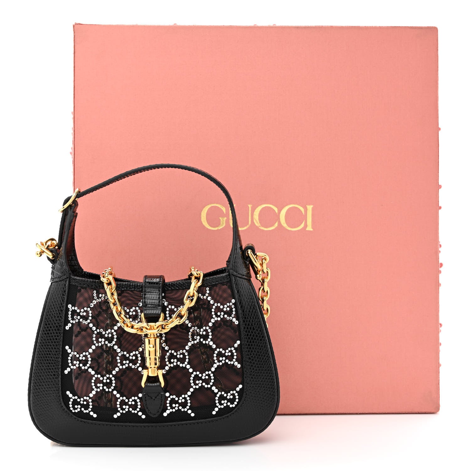 Gucci Lizard Mesh Crystal GG Monogram Mini Jackie 1961 Hobo Black 10 of 10