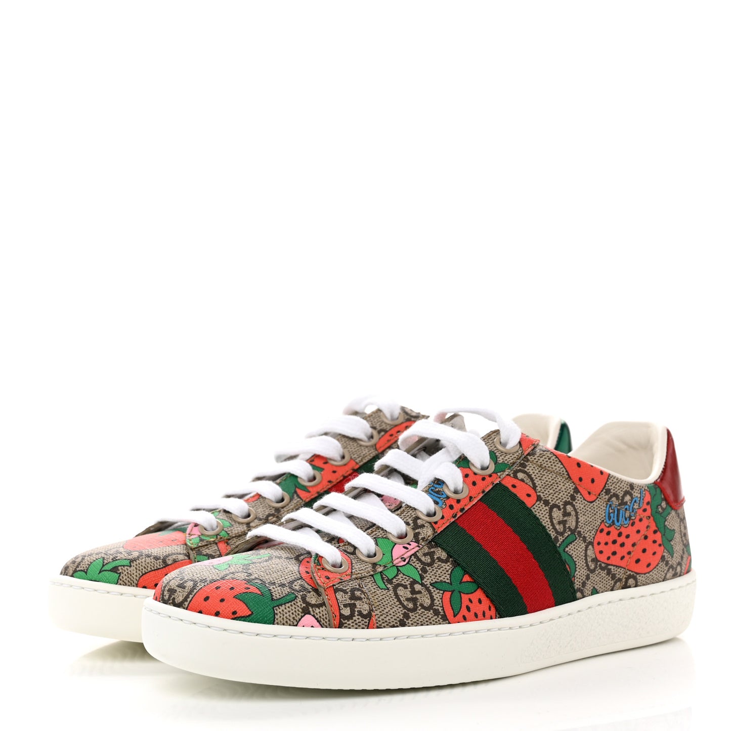GG Supreme Monogram Strawberry Web Womens Ace Sneakers 35 Beige Multicolor Red Green