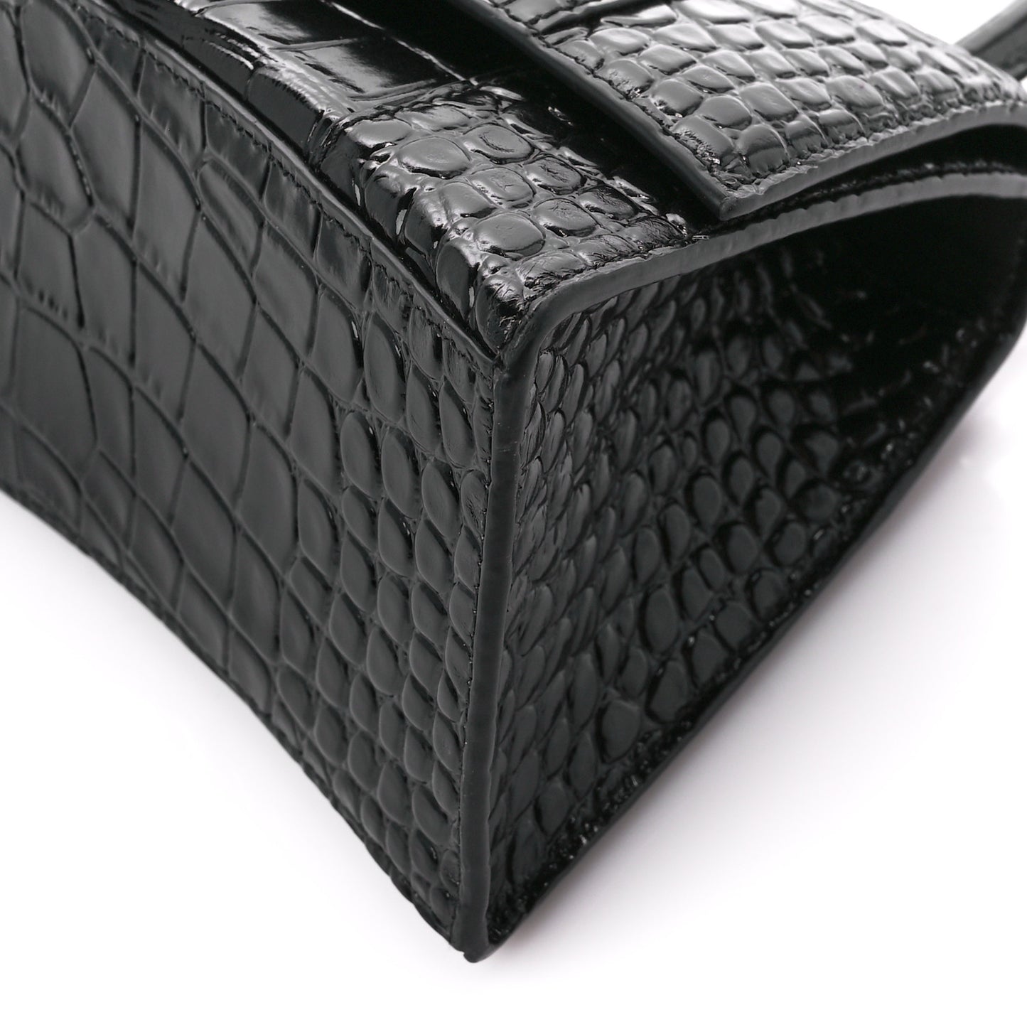 Shiny Calfskin Monochrome Crocodile Embossed Small Hourglass Top Handle Bag Black