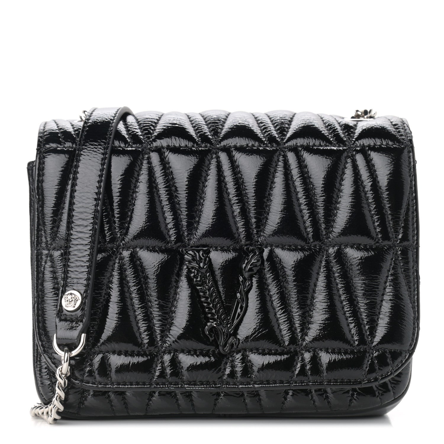 Versace Patent Nappa Quilted Virtus Shoulder Bag Black 1 of 10