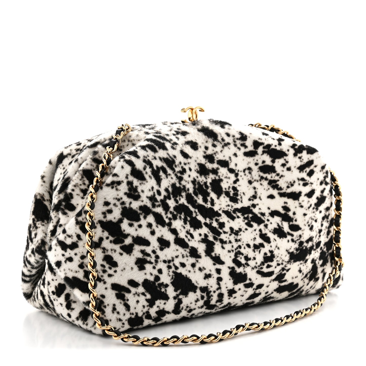 Pony Hair Printed Clutch With Chain Black White