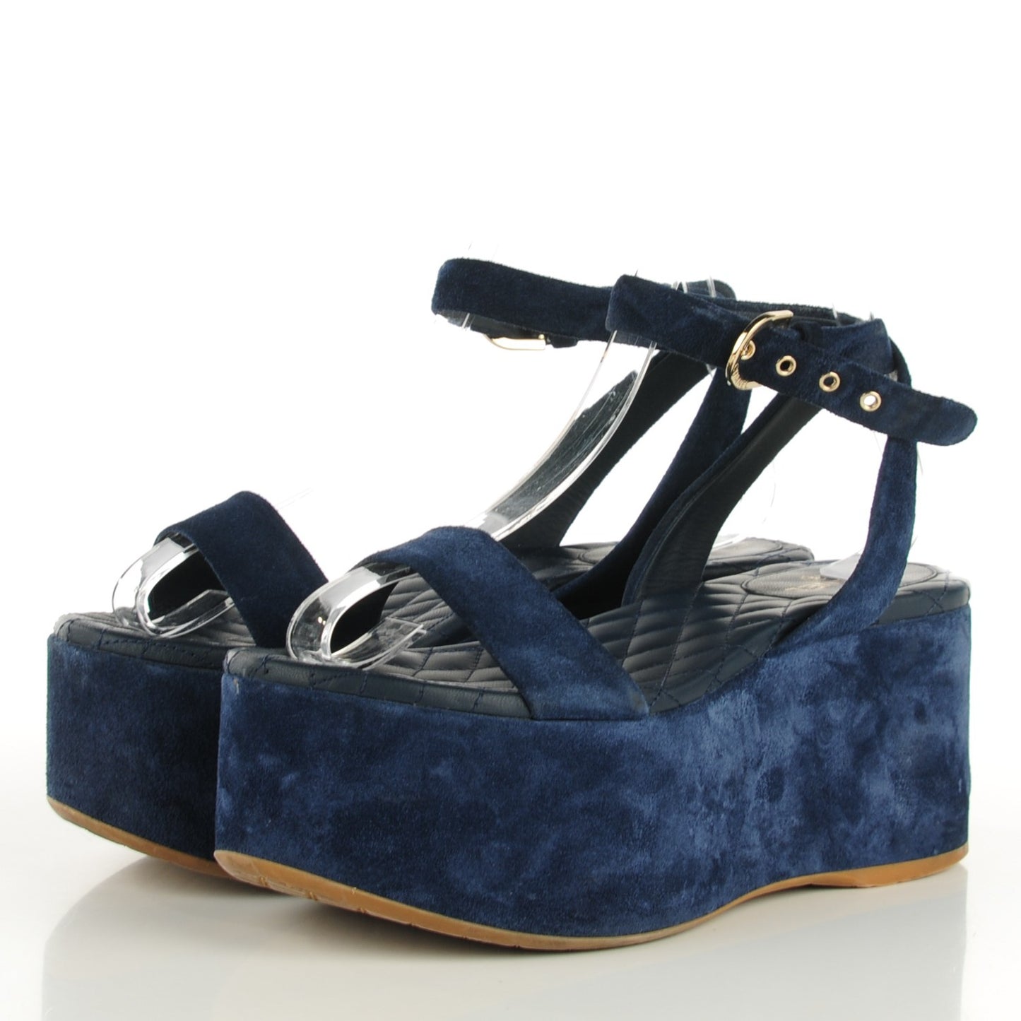 Suede Calfskin Platform Wedge Sandals 37 Blue