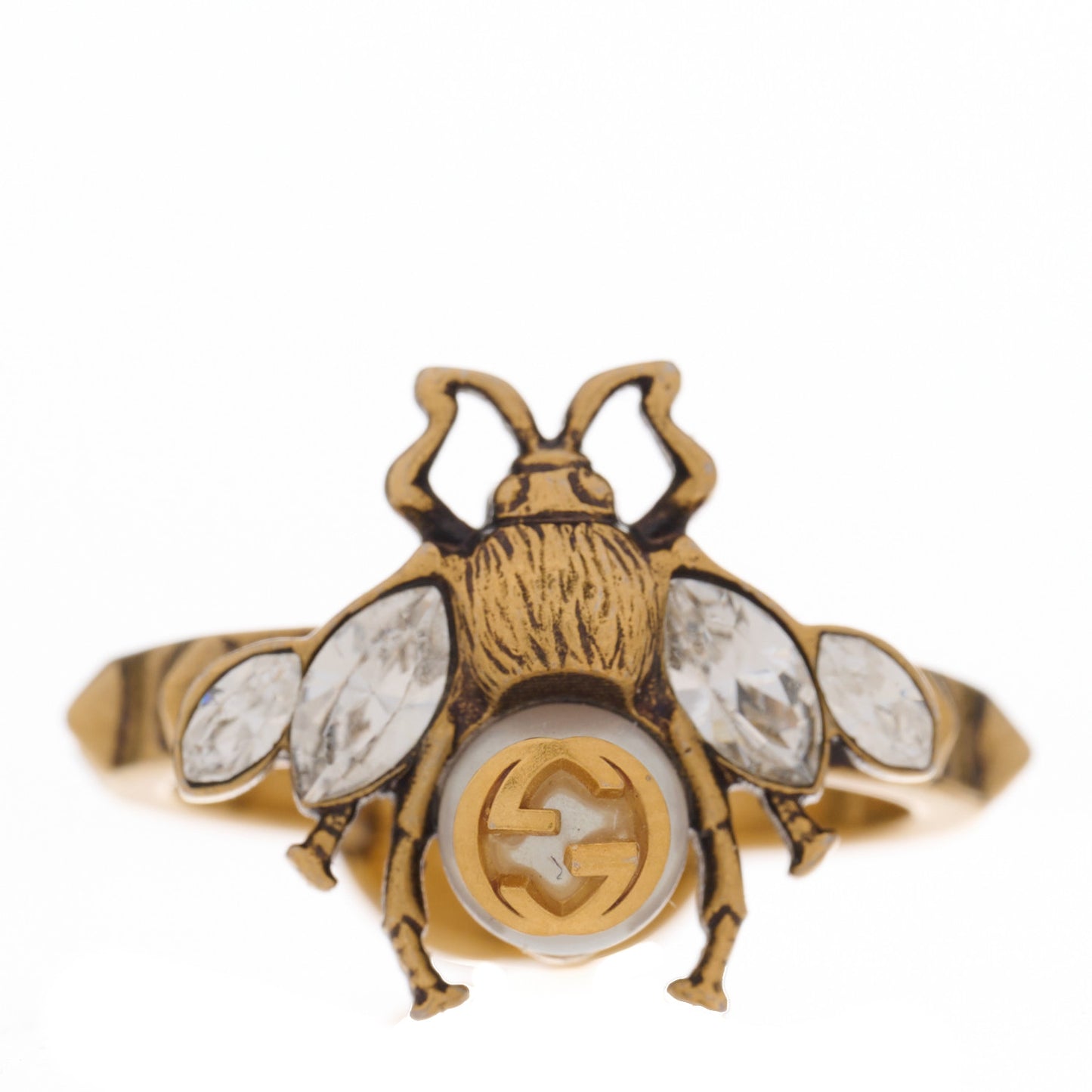 Metal Crystal Pearl Bee Ring Aged Gold