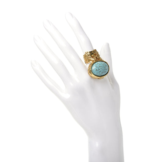 Glass Cabochon Arty Ovale Ring 6 Gold Turquoise