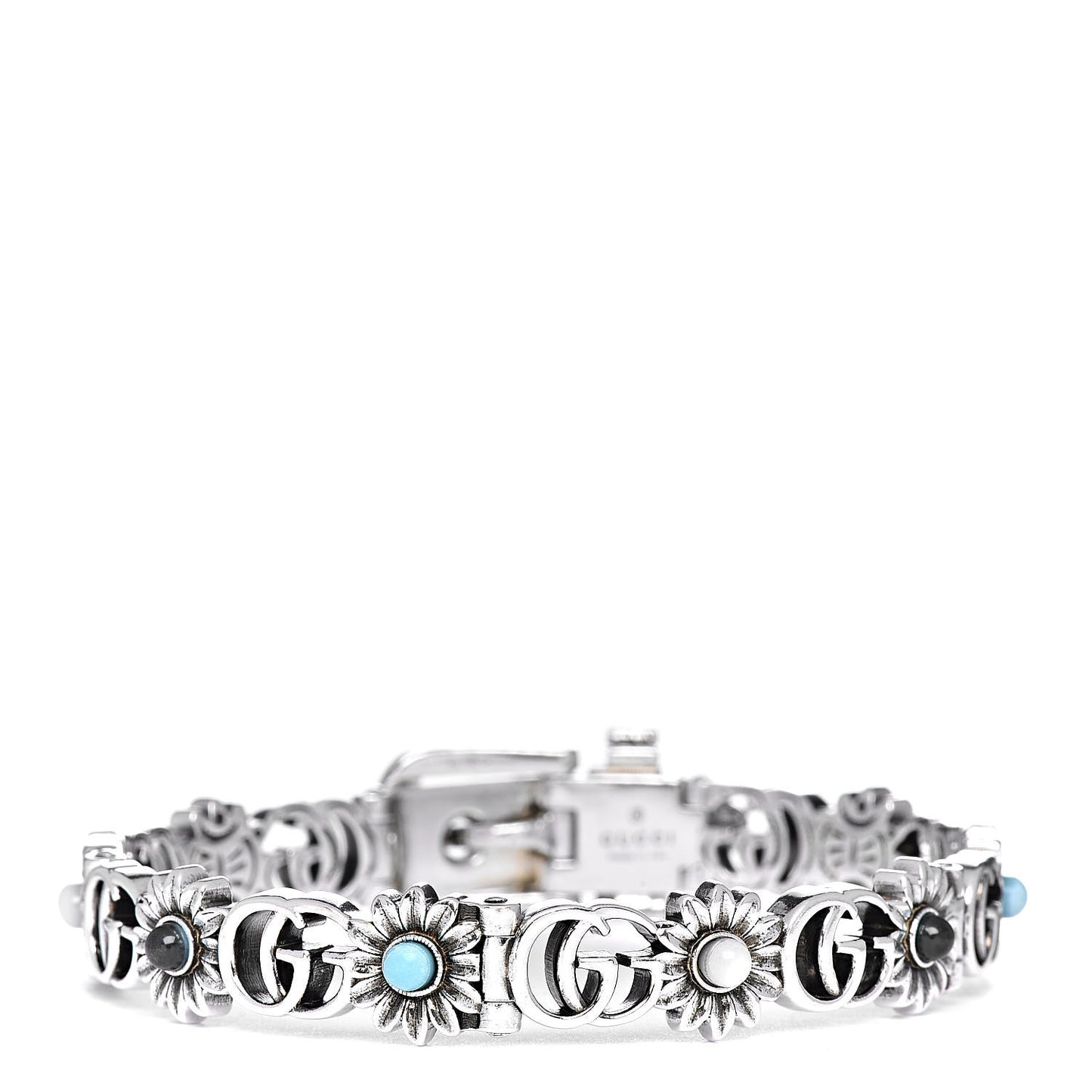 Sterling Silver Blue Topaz Mother of Pearl Turquoise Resin Double G Flower Bracelet