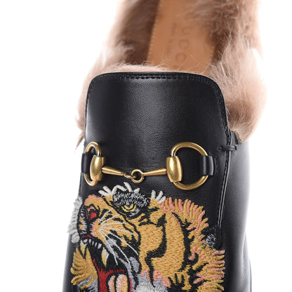 Gucci Calfskin Lambswool Tiger Embroidered Womens Princetown Slippers 37.5 Black 7 of 9