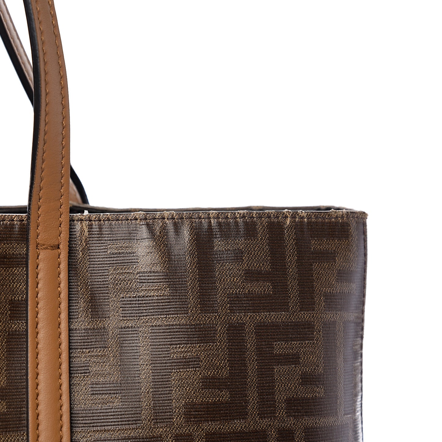 Glazed Fabric Vitello Century FF 1974 Stamp Patch Shopping Tote Mogano Panna Caramello