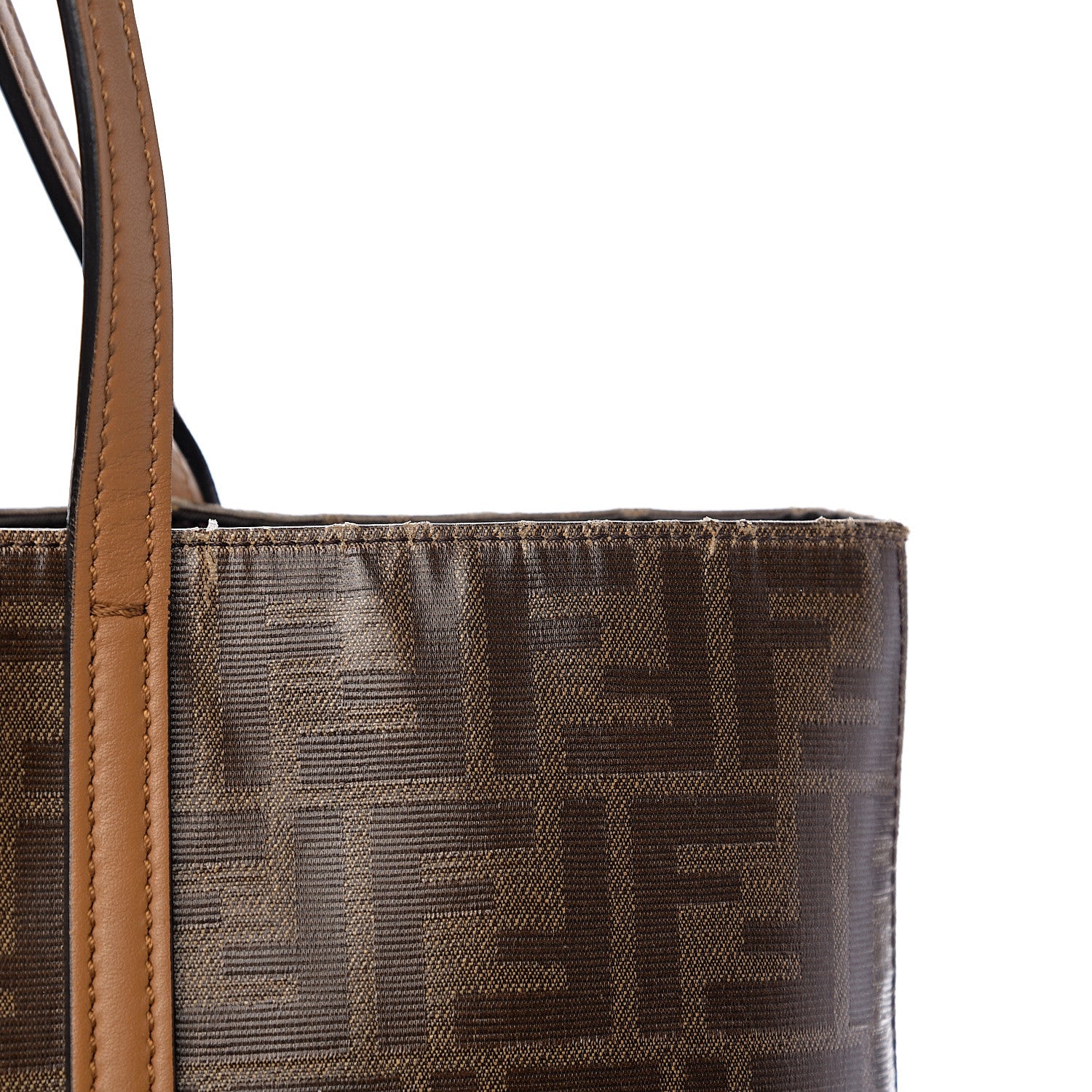 Fendi Glazed Fabric Vitello Century FF 1974 Stamp Patch Shopping Tote Mogano Panna Caramello 9 of 12