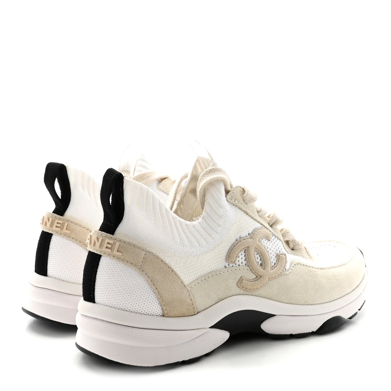 Chanel Mesh Suede Fabric Womens CC Sneakers 38 White Ivory Light Beige 5 of 9