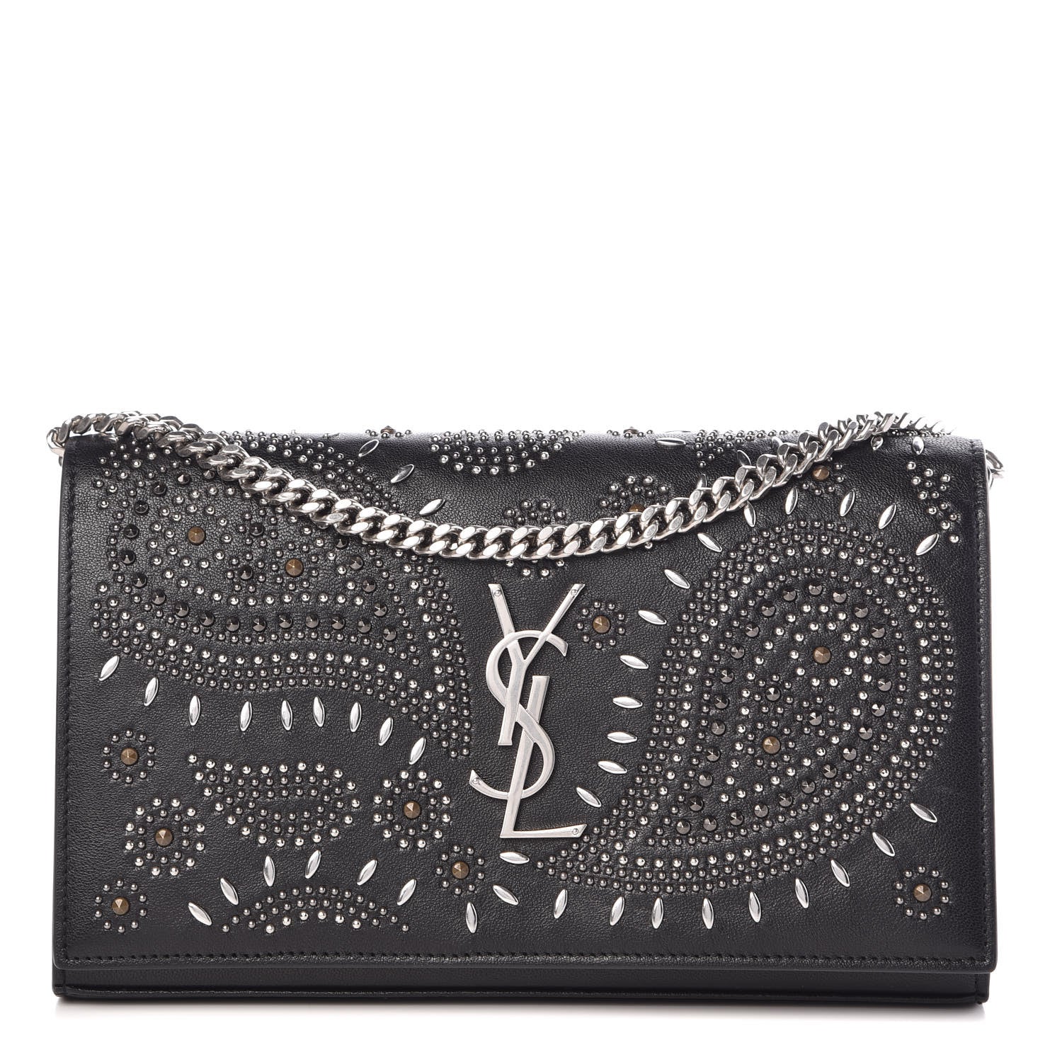 Saint Laurent Lambskin Bandana Studded Monogram Chain Wallet Black 1 of 8