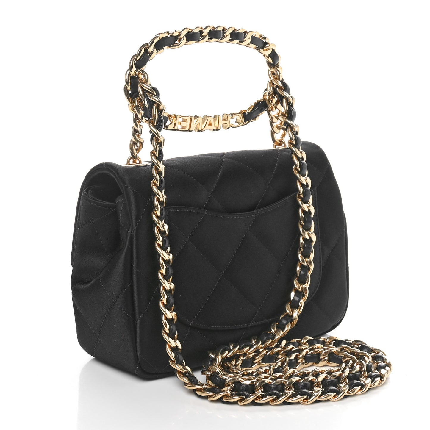 Satin Quilted Mini Logo Flap With Handle Black