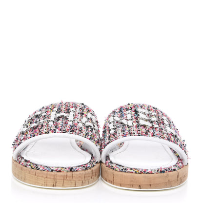 Chanel Tweed Cork Mule Sandal 37.5 White Multicolor 2 of 10