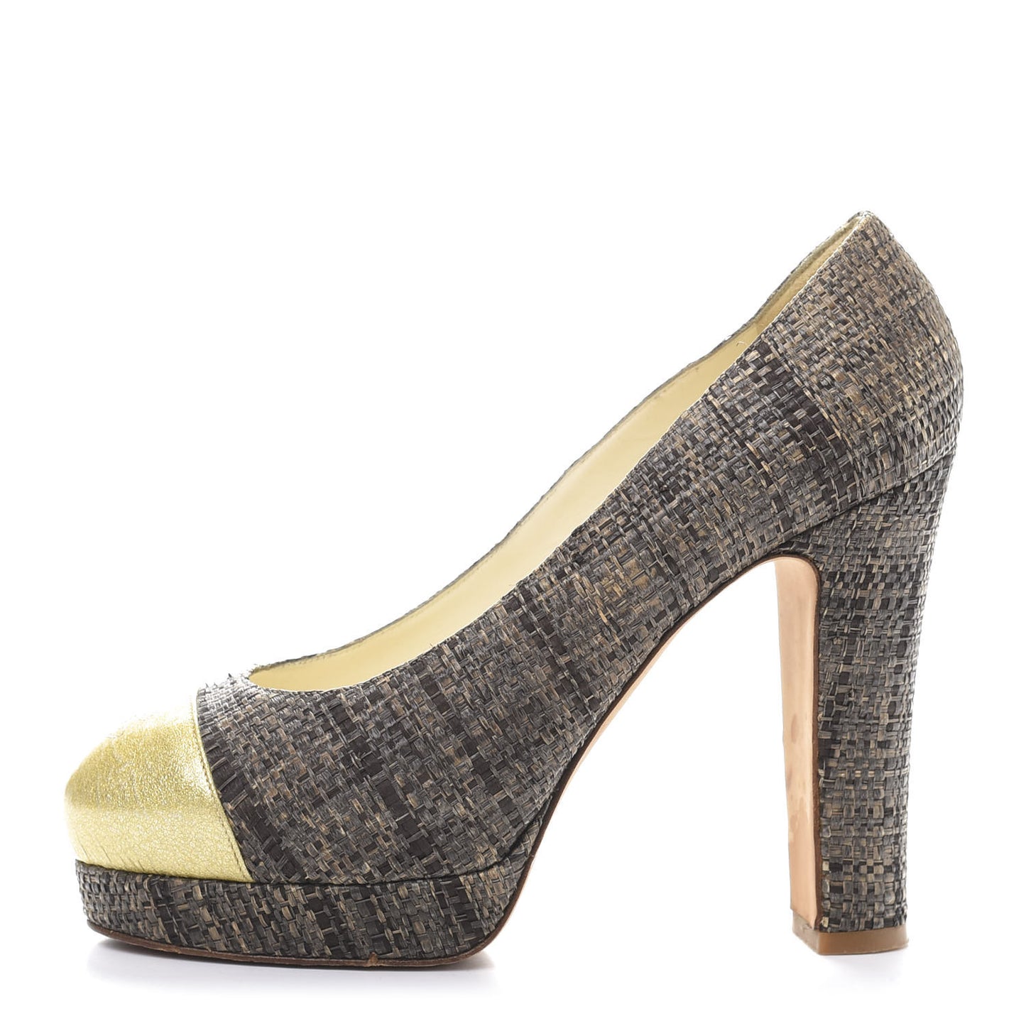 Raffia Patent Cap Toe CC Pumps 38 Brown Gold