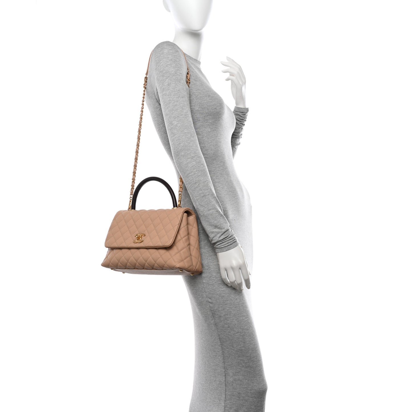 Caviar Lizard Embossed Quilted Small Coco Handle Flap Beige