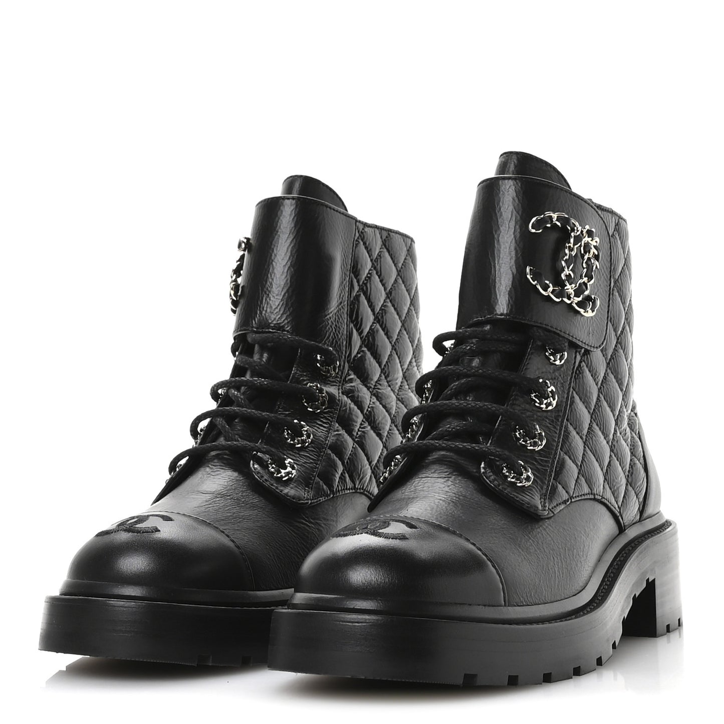 Shiny Goatskin Calfskin Quilted Lace Up Combat Boots 39 Black