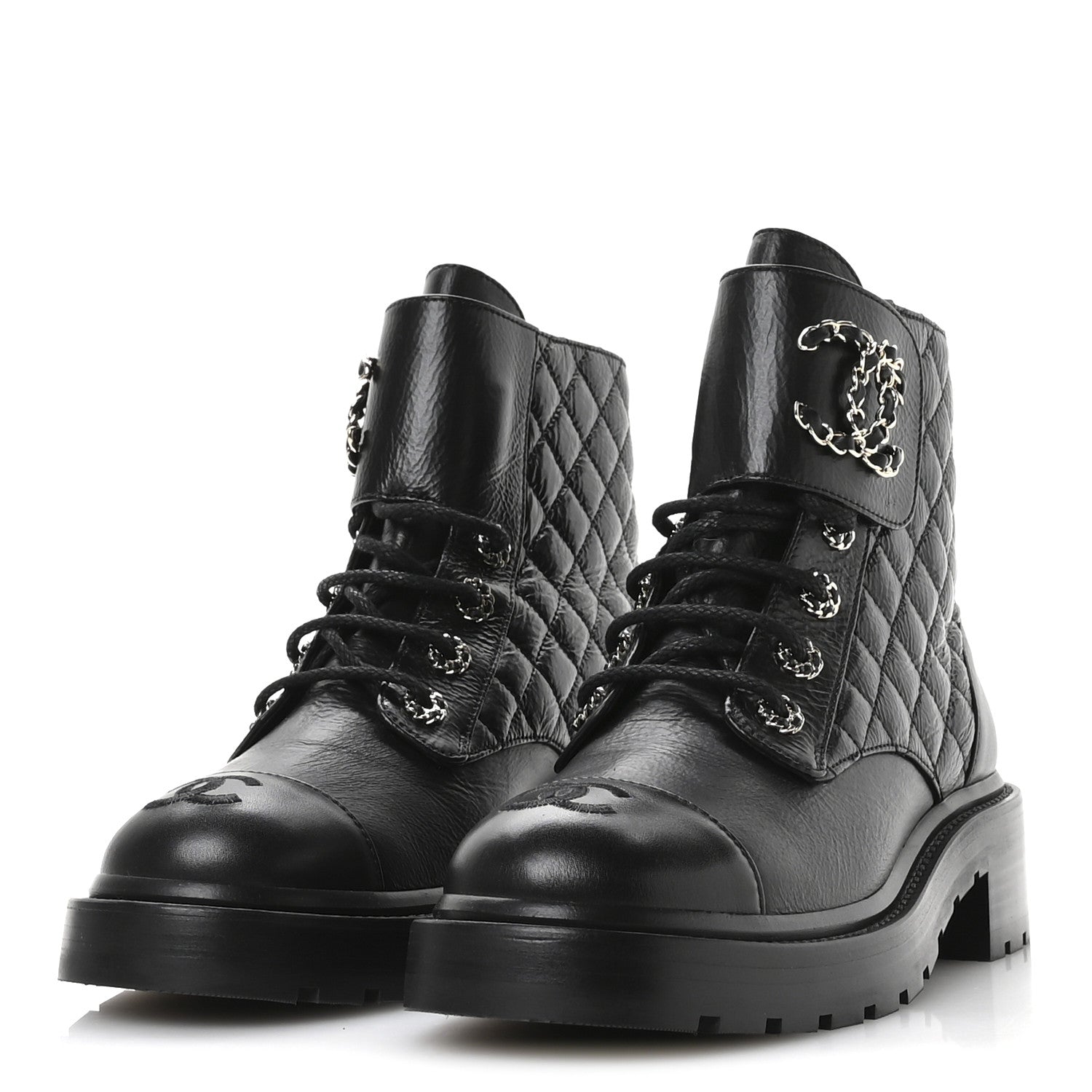 Chanel Shiny Goatskin Calfskin Quilted Lace Up Combat Boots 39 Black 4 of 9