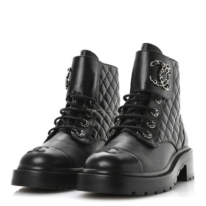 Chanel Shiny Goatskin Calfskin Quilted Lace Up Combat Boots 39 Black 4 of 9