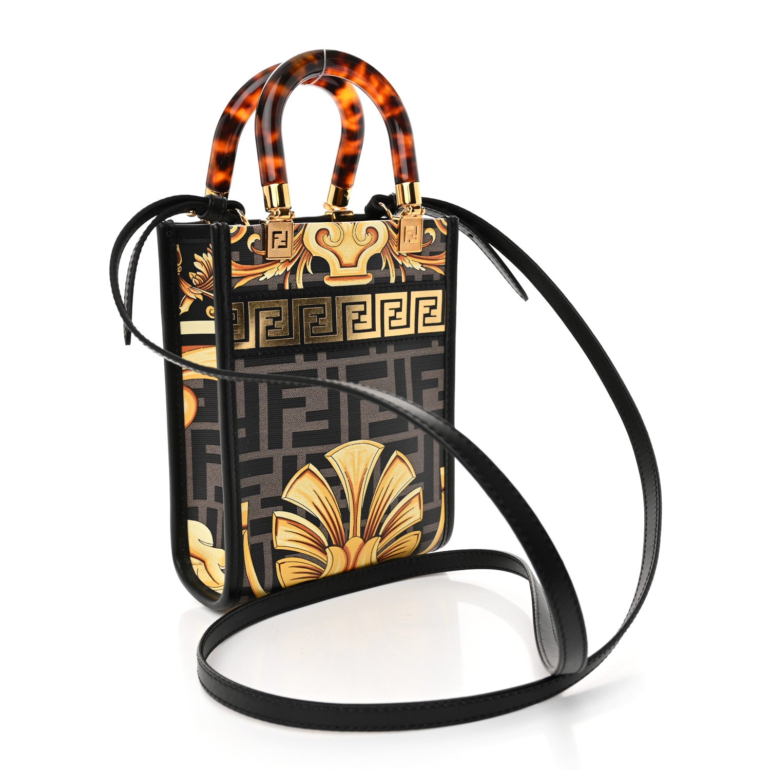 Fendi X VERSACE Vitello King Catalan Mirror Plexiglass Fendace FF Baroque Logo Mini Fendi Sunshine Shopper Tote Black Gold 3 of 11