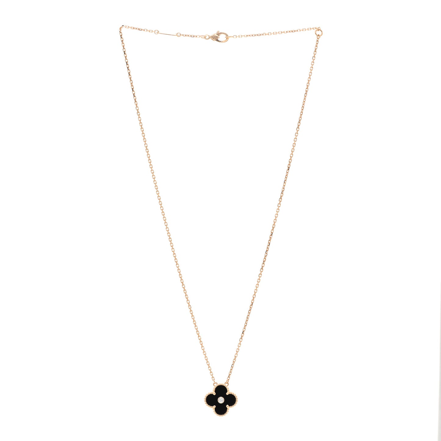 18K Rose Gold Diamond Black Onyx Vintage Alhambra Pendant Necklace